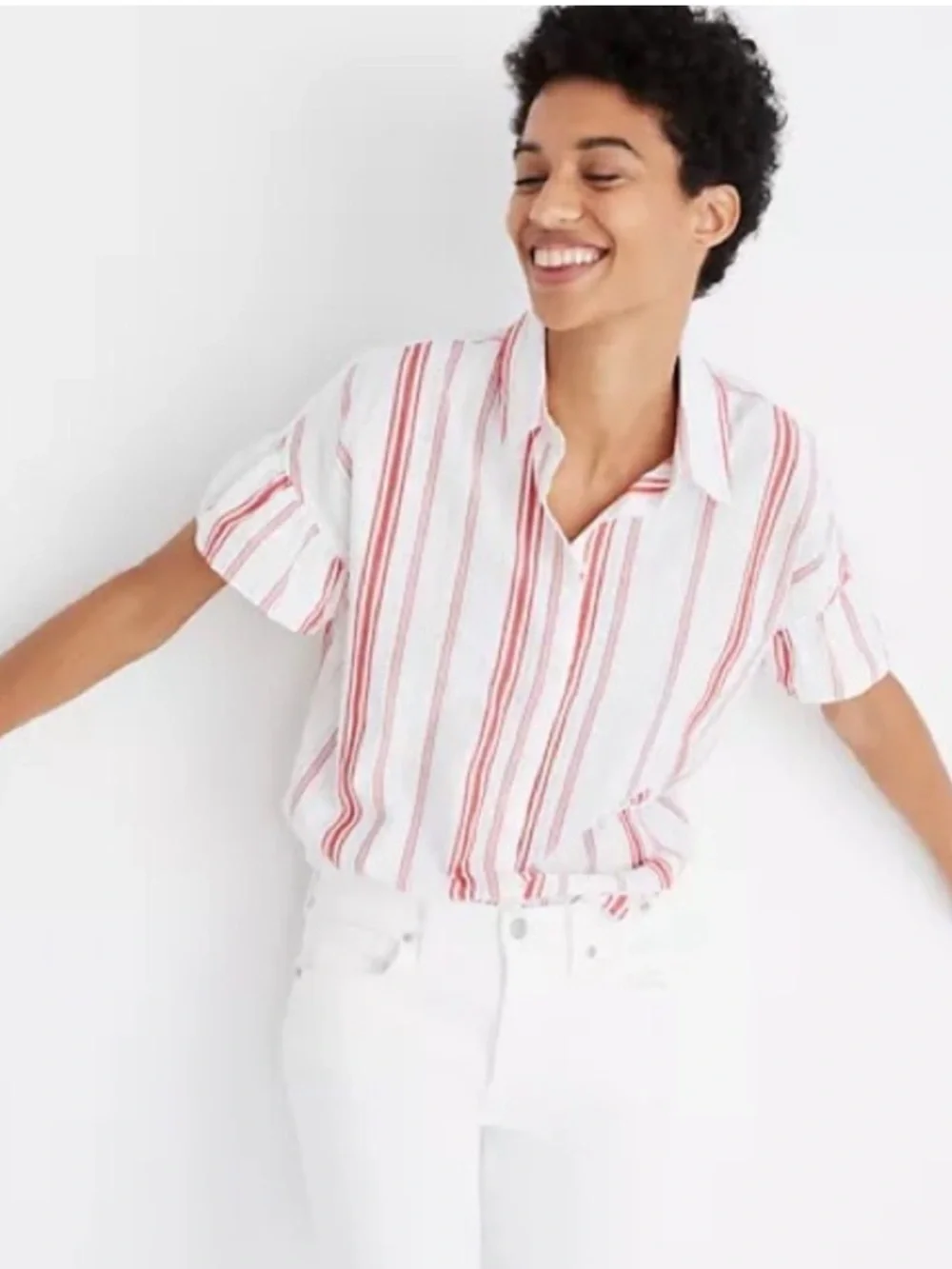 Madewell Central Ruffle Sleeve Shirt in Carey Red Stripes!